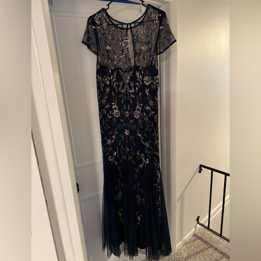 Adrianna Papell Navy Floral Beaded Gown - Picture 6 of 10